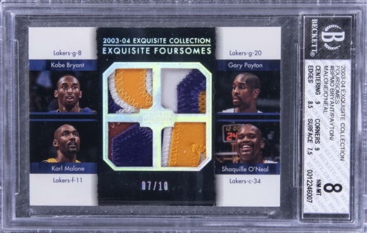 2003-04 UD "Exquisite Collection" Foursomes #BPMO Bryant/Payton/Malone/O’Neal Game Used Patch Card (#07/10) – BGS NM-MT 8